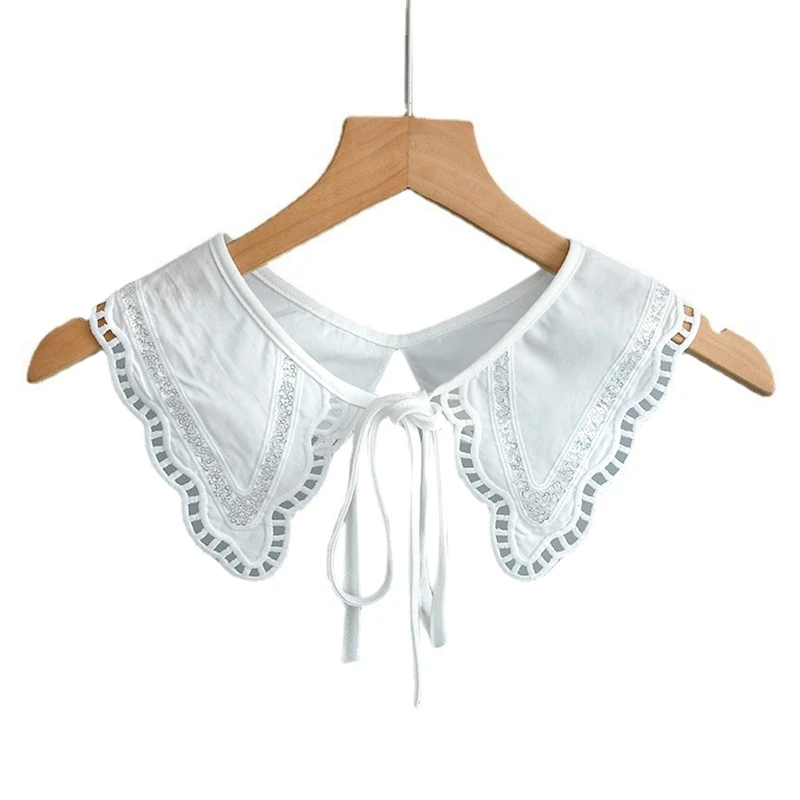 

Women Crochet Sequins Patchwork Faux Collar Shawl Vintage Hollow Out Wavy Trim Lace-Up Scarf Capelet Necklace Outdoor Sunscreen