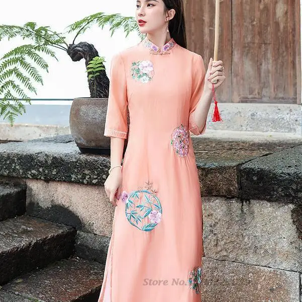 

2023 vietnamese aodai vietnam cheongsam folk style qipao chinese flower embroidery dress women traditional floral ao dai dress