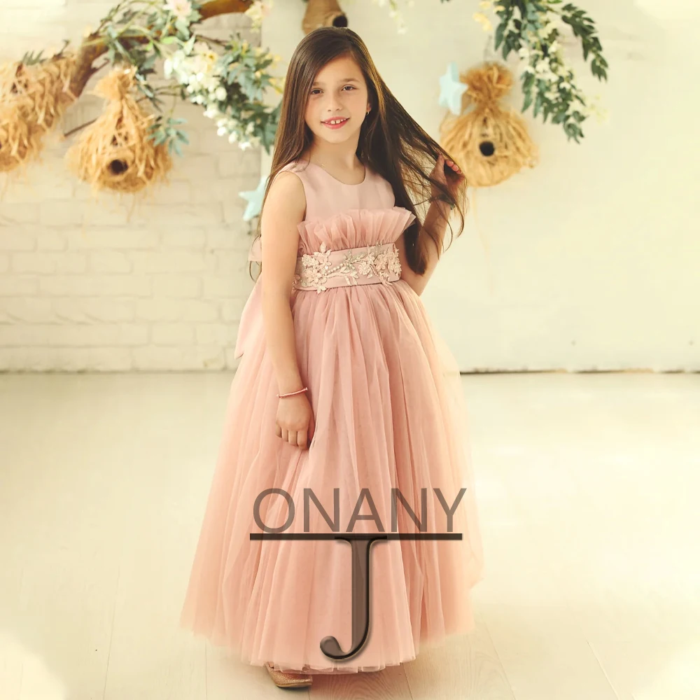 

JONANY Lovely A-Line Flower Girl Dress O-Neck Lace Appliques Tulle Baby Birthday Dress Pageant Gown Communion Robe De Demoiselle