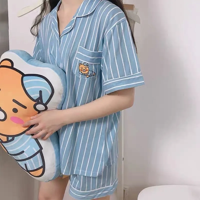 Pijama Summer Nightwear Female Short Sleeve ins cartoon cute bear pocket print Student Korean cardigan home suit