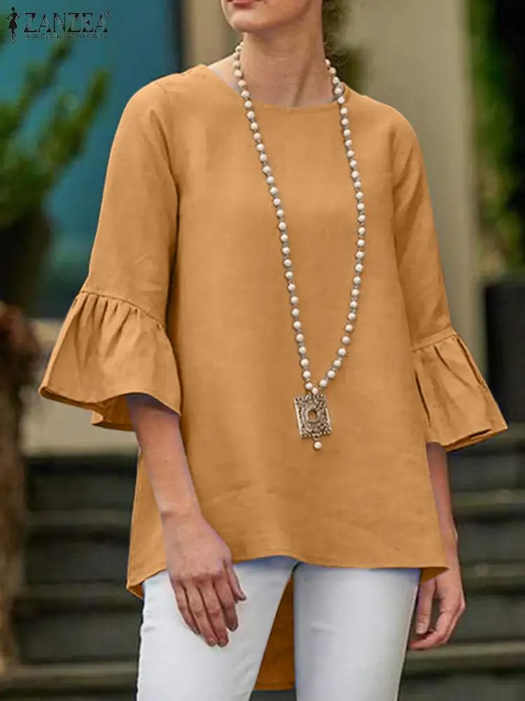 

2022 Autumn Women Ruffle Blouse Loose ZANZEA Female O Neck Long Sleeve Blouses Solid Oversized Tops Casual Hoilday Blusas
