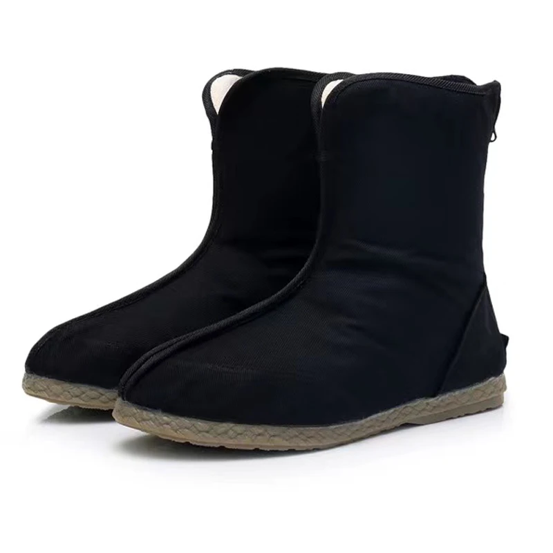 Men Women Black Boots Swordsman Boots Kungfu Black Canvas Flat Shoes Comfortable Retro Boots High Top Zipper Winter Shoes