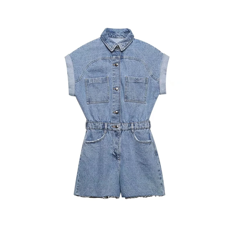 

New women's retro fashion temperament slim waist denim short jumpsuit