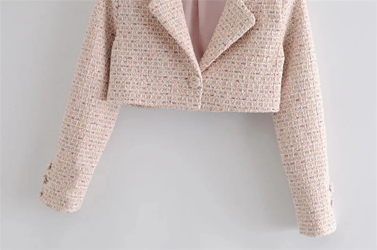 Pink Tweed Short Blazer 2023 Women Sweet Single Button Solid Colors Casual Office Blazer with Button Summer Work Commute Wear