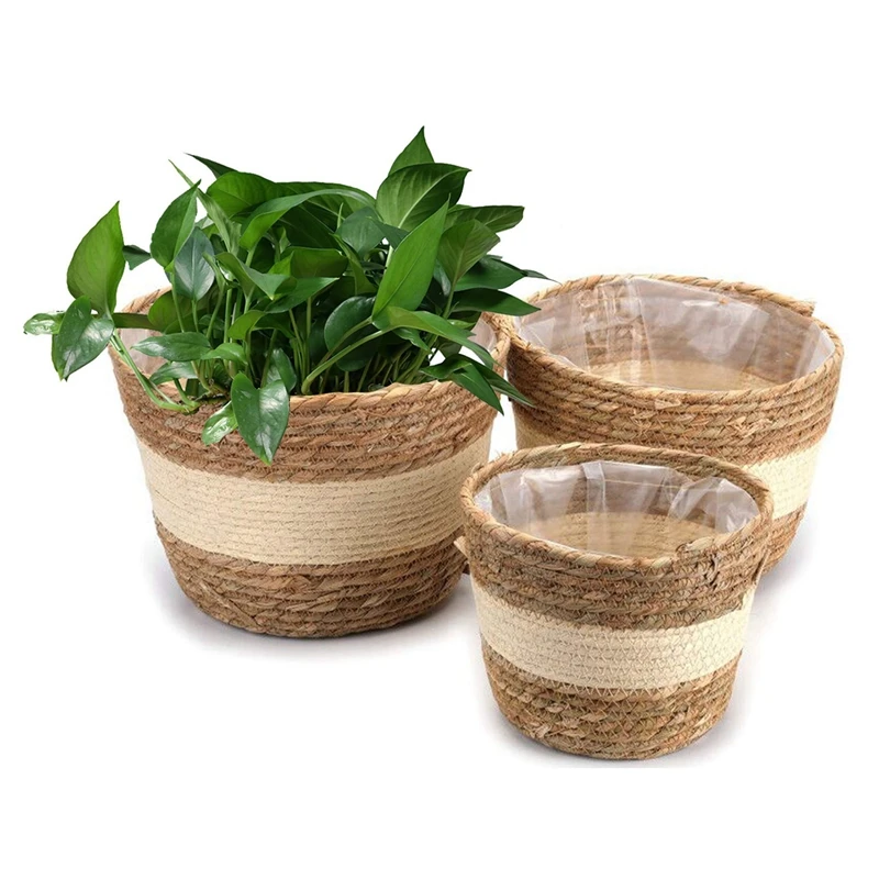 

3 Pcs Seagrass Planter Basket, Beige Flower Pots Cover & Plant Containers, Handwoven Basket For Home Decor In Indoor