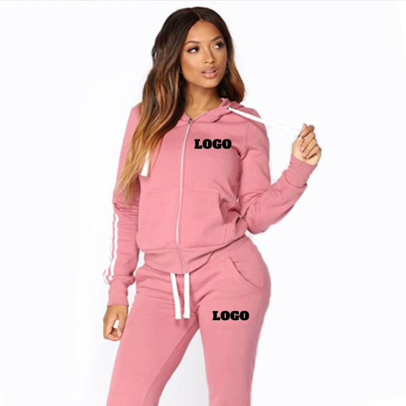 Custom Logo Women's Sportswear 2pcs Women's Hooded Long Sleeve Zip Tracksuits Long Pants Trousers Loose Top Casual Clothes Set