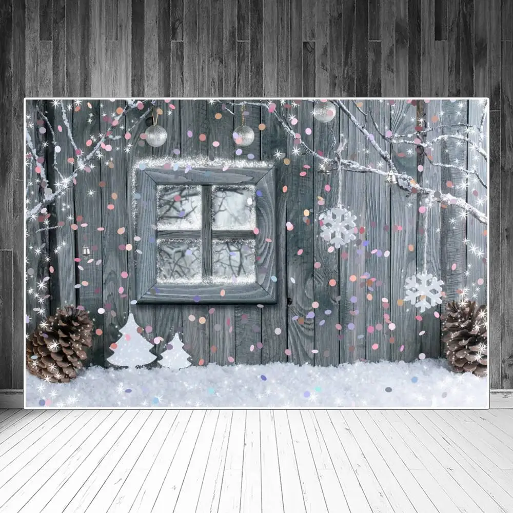 

Christmas Snowflake Dots Pine Cones Window Wooden Planks Photography Backgrounds Custom Baby Party Decoration Photo Backdrops