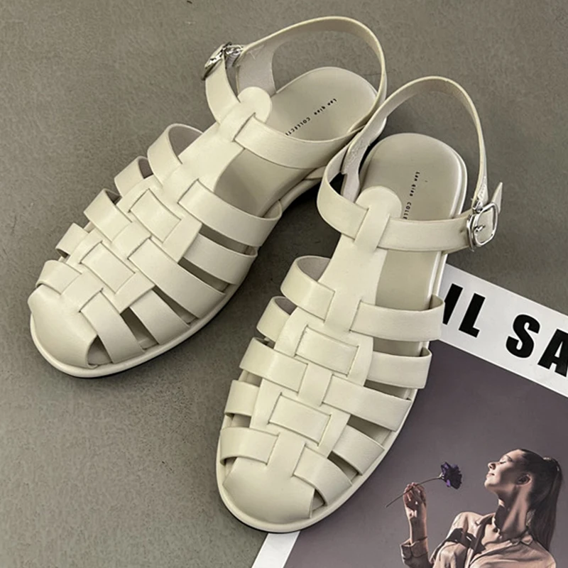 

2023 Women Sandals Casual Outside Weave Flats Summer Round Toe Buckle Strap Gladiator Mary Janes Shoes Fashion Roman Slides