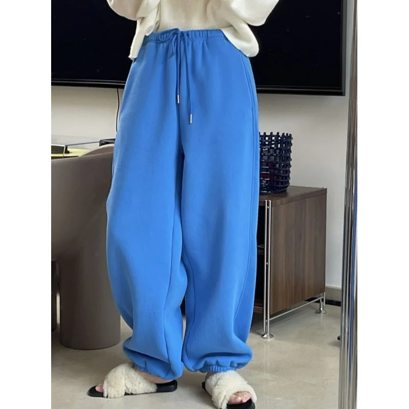 Winter Korean Style Sports and Leisure Leg Shaping Sweatpants Drawstring Elastic Waist Brushed Wool Loose Casual Pants for Women
