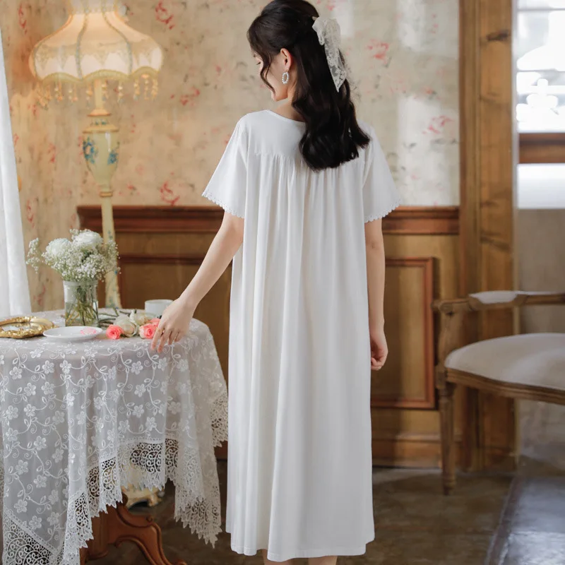 Cotton Short Sleeve Night Dress Women White Fairy Long Peignoir Loose Robe Vintage Lace Victorian Nightgowns Princess Sleepwear