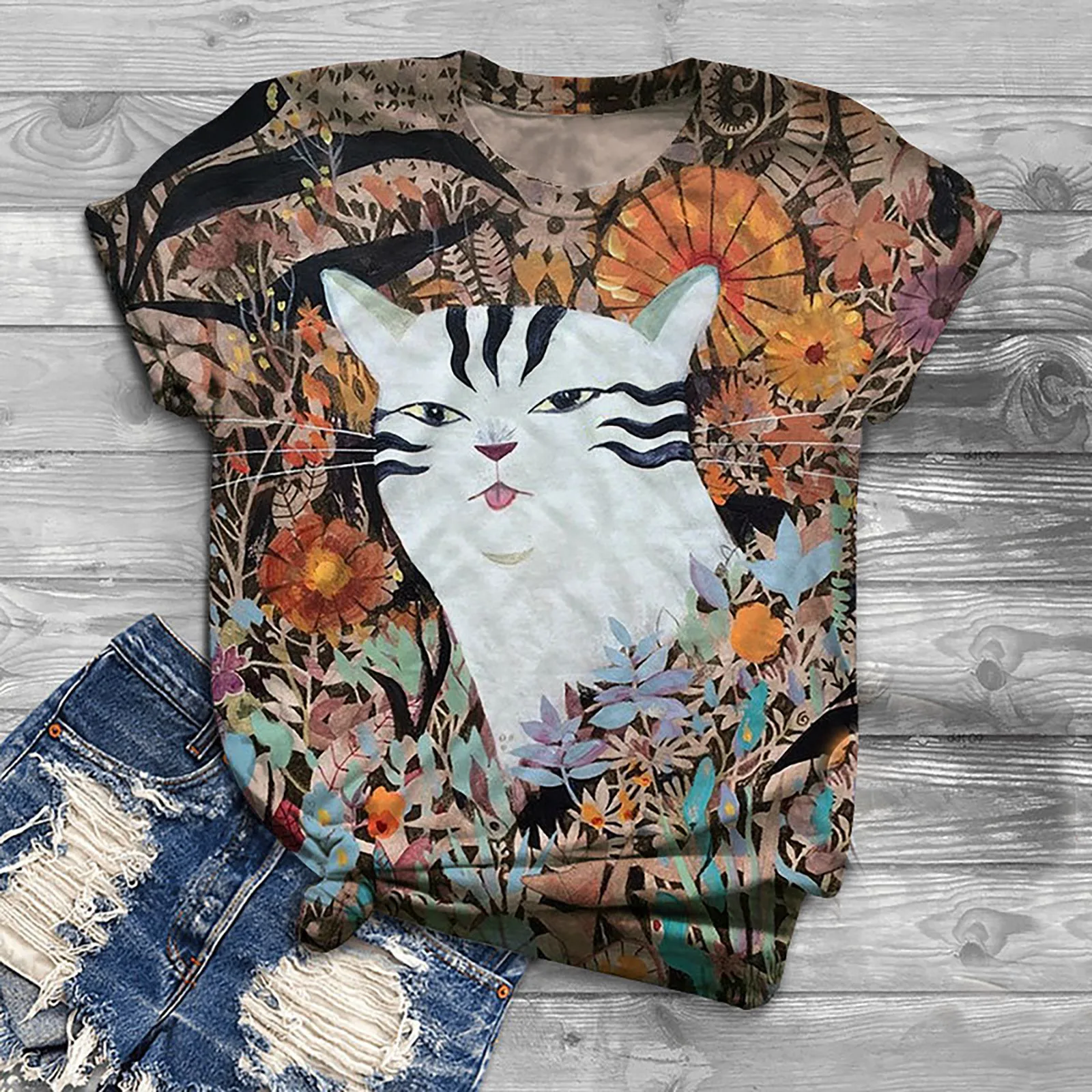 

S-5XL 3D cute cat print T-shirt Women Fashion Round Neck Short Sleeve Cute Animal Short Sleeve Tops t-shirt