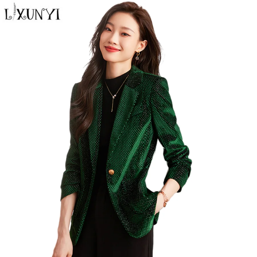 LXUNYI Green Women Blazer Velvet Autumn Winter Plus Size Woman Formal Office Lady Slim Long Sleeve Blazers Sparkling Suit Jacket