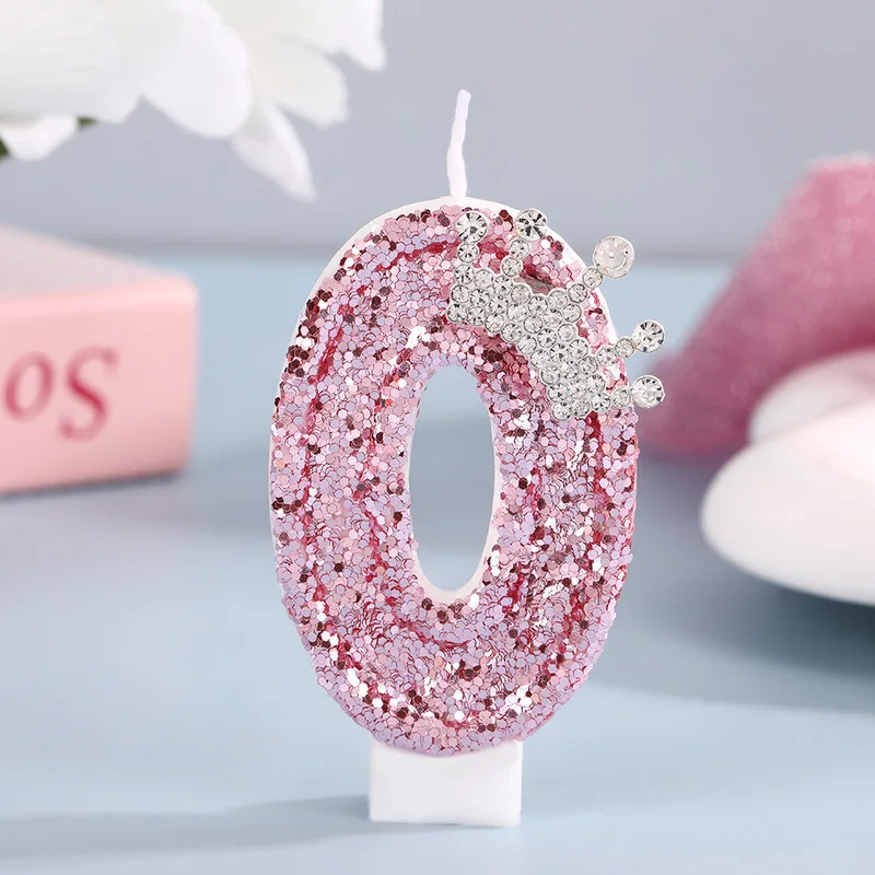 Фото Свеча-цифра для торта с розовым глиттером и короной, украшение для празднования дня рождения, декор для торта на день рождения №3