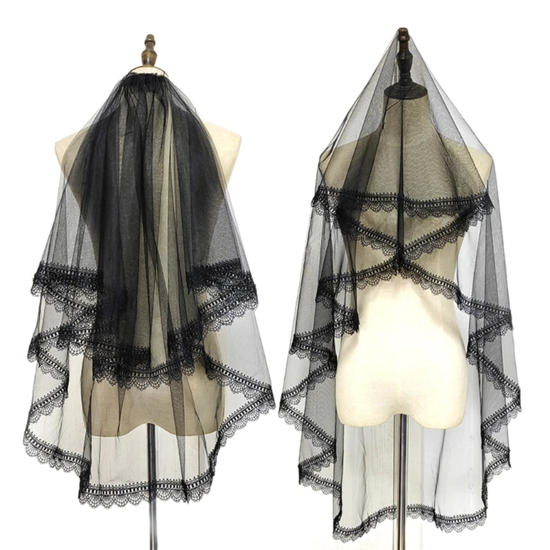

L93F Dark Veil Lace Veils Mantilla Head Covering Wedding Hair Accessories Black Wedding Veil Headscarf Lace Black Veil