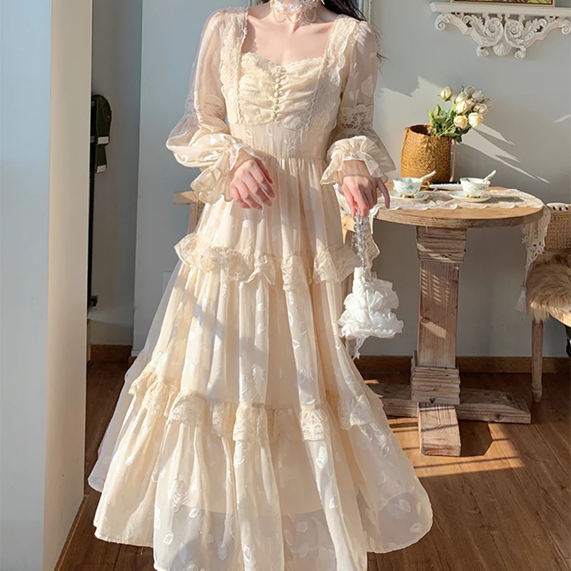 

Medieval Romance Lace Ruffles Party Dress Lantern Sleeve Square Collar Sweet Women Spring Dress Court Retro Princess Costumes