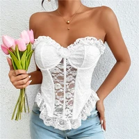 women summer strapless tube tops sexy sheer mesh see through lace off shoulder sleeveless crop tops corset for ladies club tanks