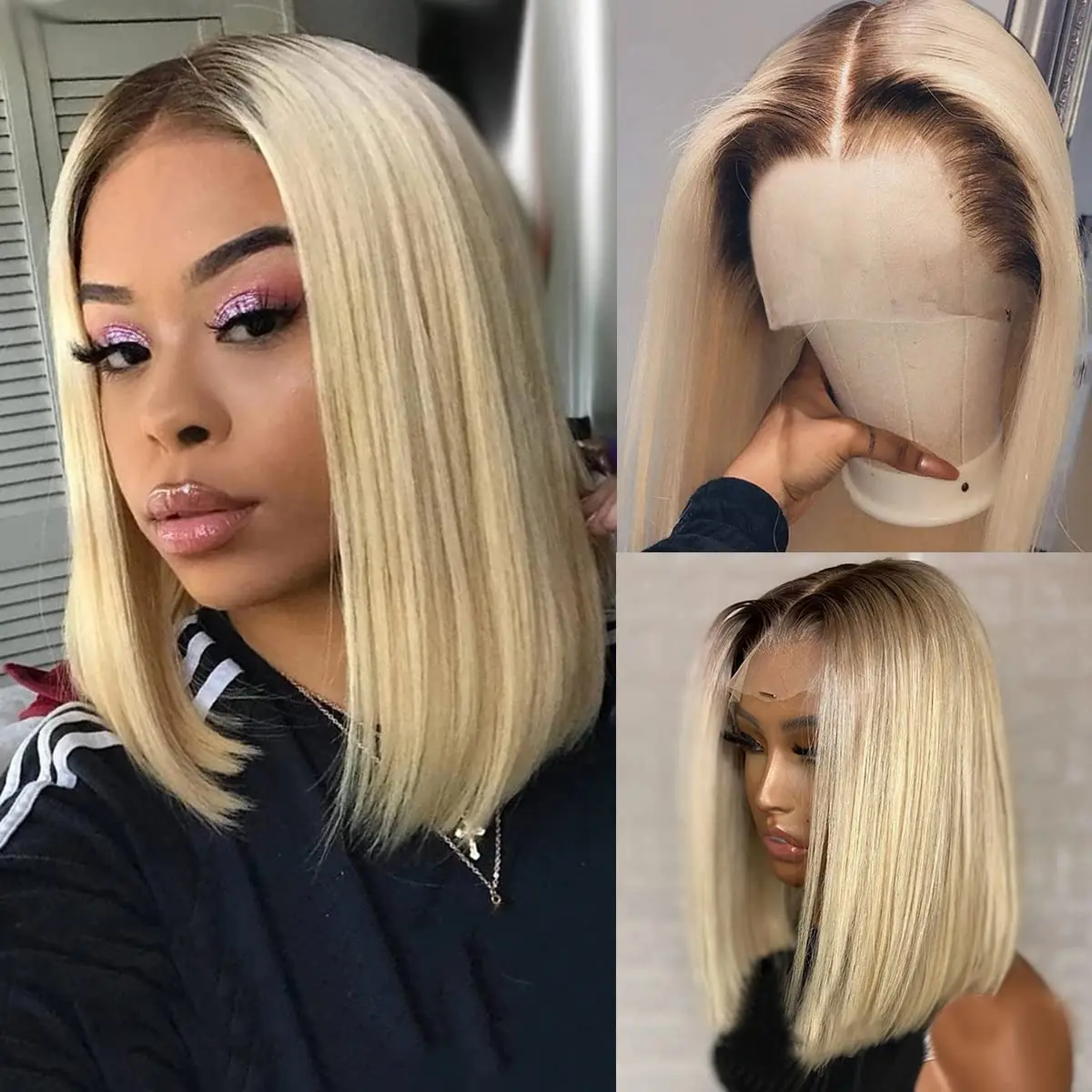 

1B/613 Blonde Lace Wigs Human Hair Short Straight Bob Wigs 180% Density Brazilian Glueless Ombre Lace Front Wigs for Black Women