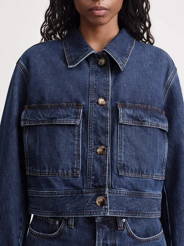 

Silhouette Short Denim Jacket Women's Turn-down Collar Fashion 2023 Autumn Single Breasted Female Coat with Pockets