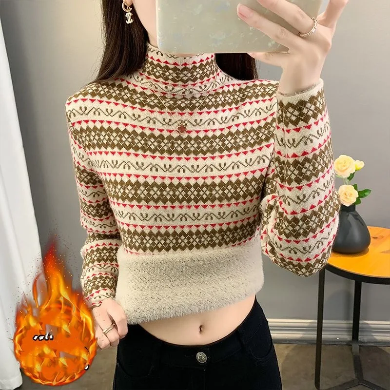 

Autumn Winter Women's Turtleneck Solid Striped Screw Thread Flocking Geometric Sweater Sweater Knitted Casual Office Lady Tops