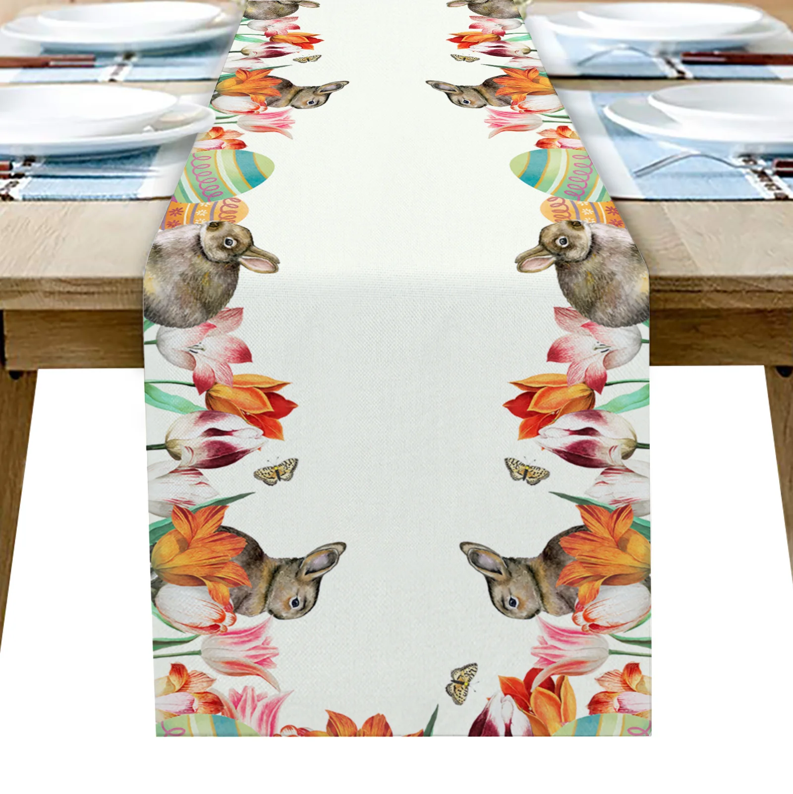 

Easter Decor 2023 Easter Colorful Eggs Tulips Bunny Table Runner Wedding Decoration Kitchen Dining Table Mat Napkin Tablecloth