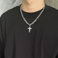 punk style trendy double layer inlaid zircon cross pendant necklace hip hop rock metal pendant couple gift party jewelry