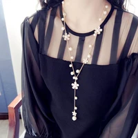 new five petal small flower sweater chain for women fashion simulated pearl jewelry long pearl tassel necklaces pendants