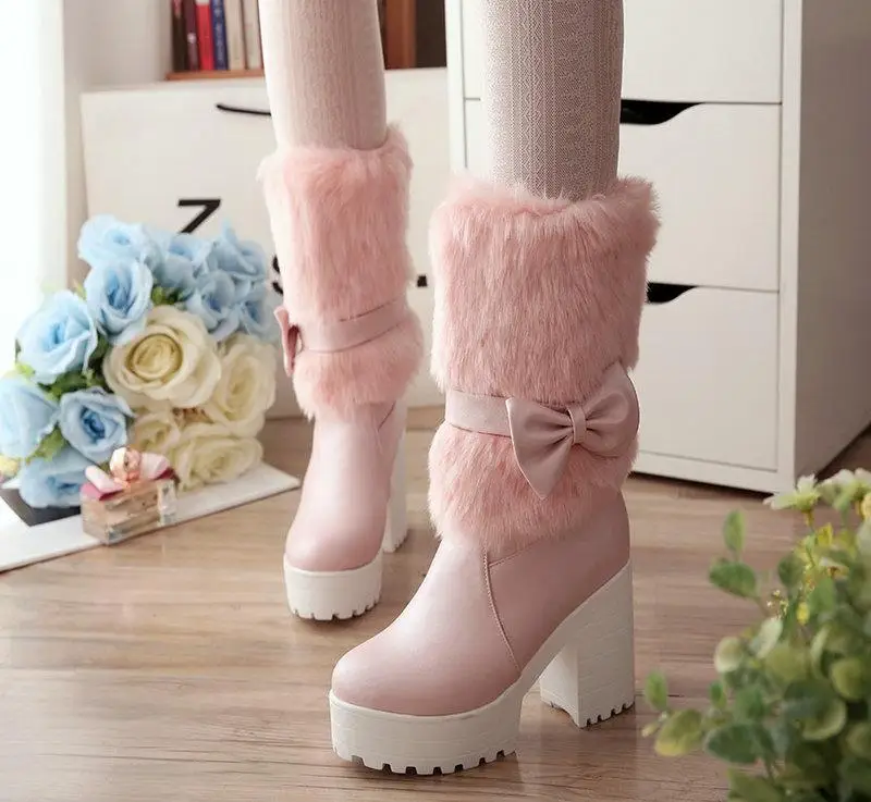 Winter New Women Snow Boots Waterproof Platform High Heel Thick Plush with Sweet Bow Women's Boots Comfortable Boots