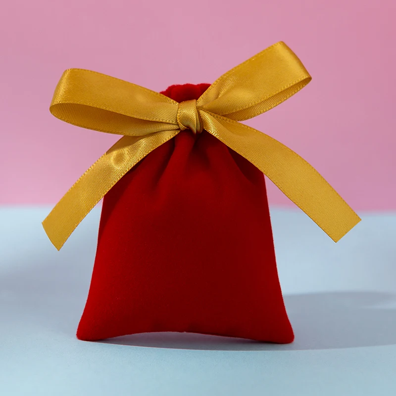 

1Pcs Velvet Drawstring With Ribbon Small Bags Jewelry Packaging Gift Pouches for Chic Christmas Wedding Favor Goodie Bags
