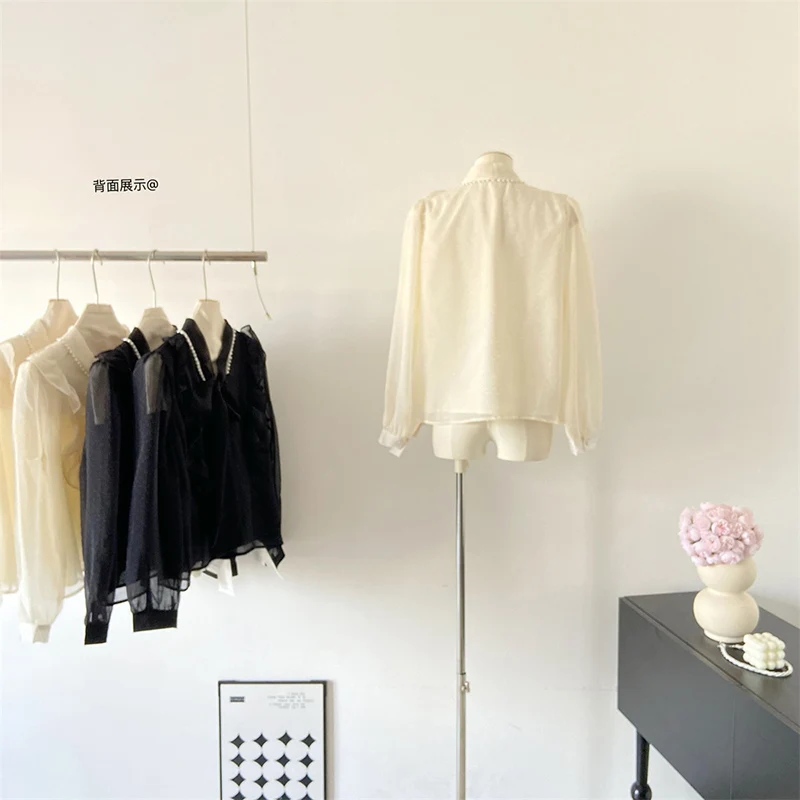 Модная женская рубашка в Корейском стиле однотонная кружевная с