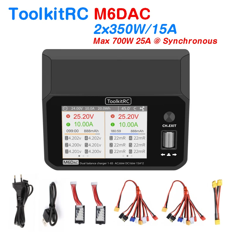 

ToolkitRC M6dac Dual Channel Smart Lipo Battery Charger Discharger AC 200W DC 350WX2 15A for 1-6S LiHV Lipo Battery PD 65W