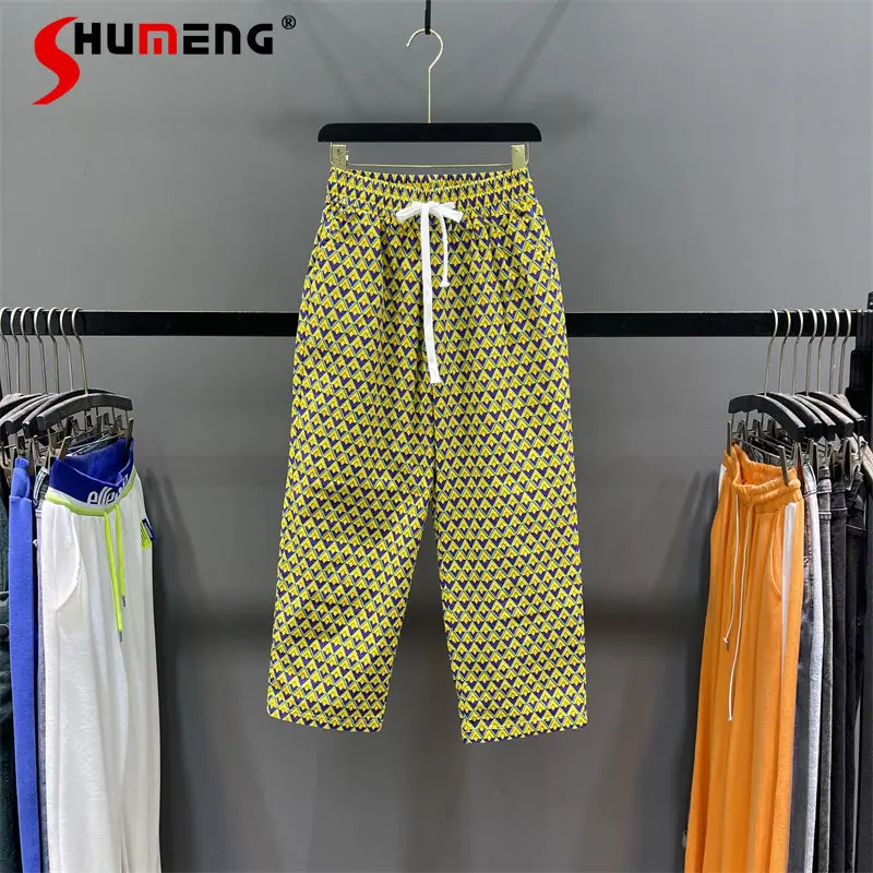 

Брюки женские с широкими штанинами, тонкие свободные повседневные Прямые Штаны-султанки с принтом в виде ромбов, с эластичным поясом, лето