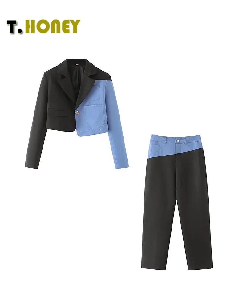 

TELLHONEY женский модный костюм с пиджаком на одной пуговице, женские брюки на молнии спереди, шикарный костюм контрастных цветов из двух предметов