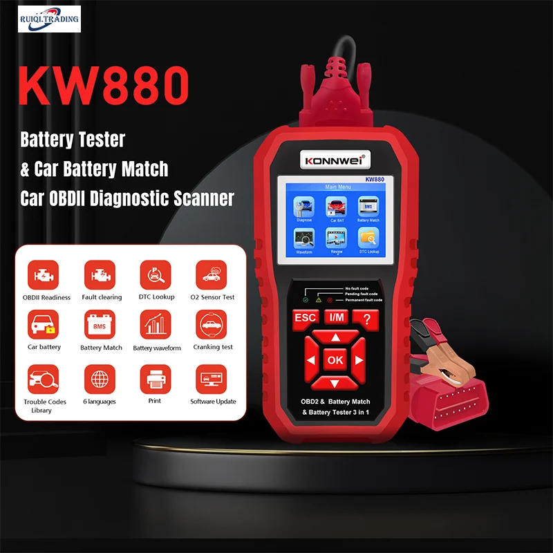 KONNWEI KW880 Car Battery Tester & Car Battery Match 3 In 1 Machine OBDII Diagnostic Fault Scanner for 6V-12V Car Battery