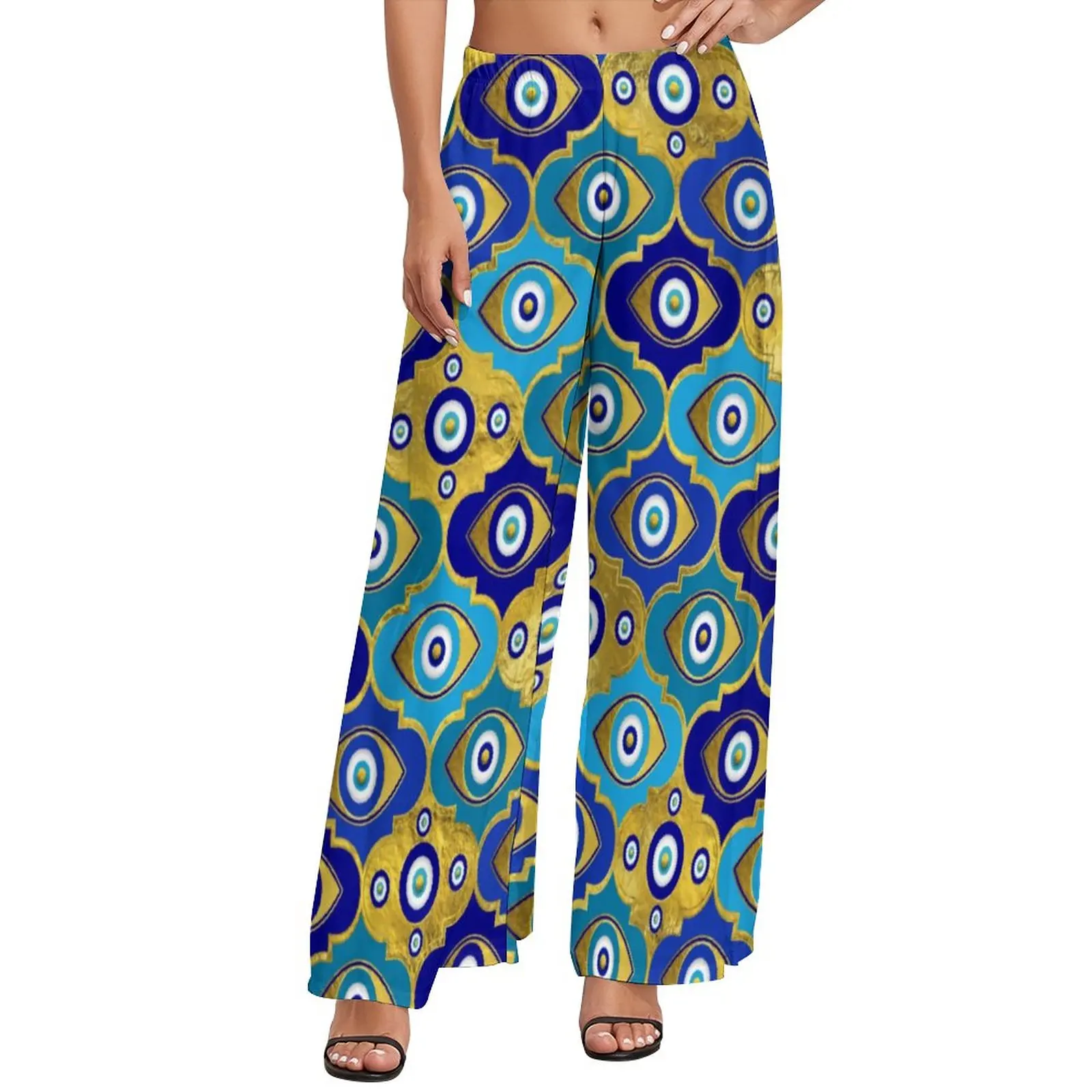 

Синие штаны с принтом сглаза, с высокой талией Nazar, очаровательные домашние брюки, уличные Широкие штаны с принтом