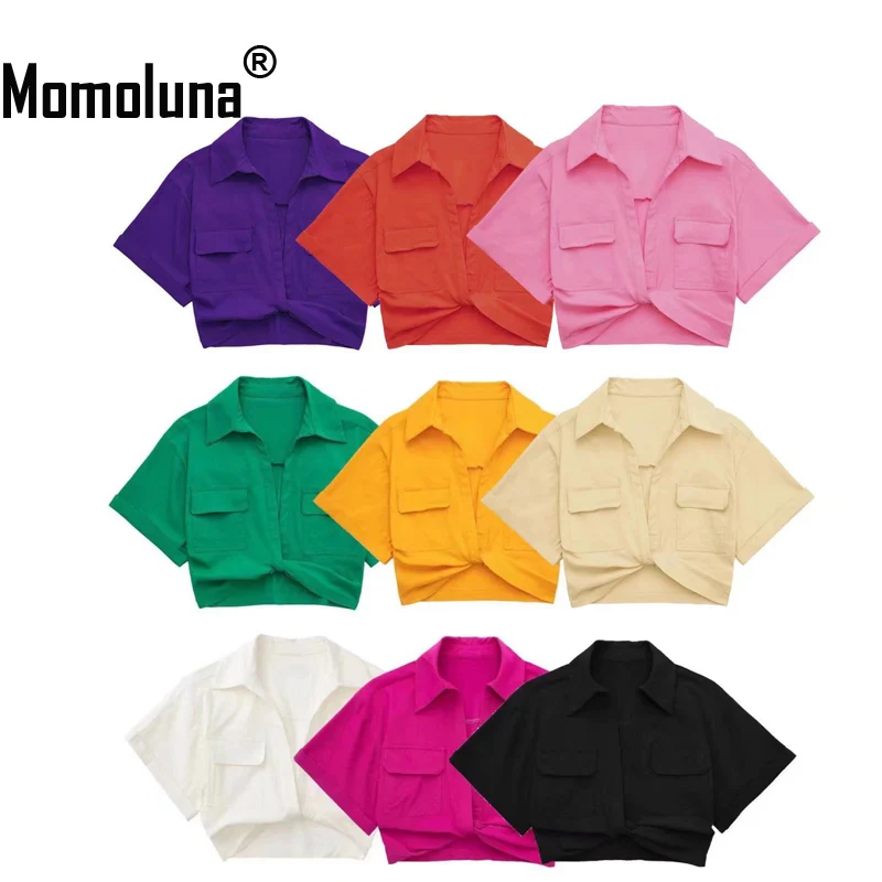 

Momoluna Women Lapel Collar V Neck Pocket Polo Short Cuffed Sleeve Crop Top with Knot Blouse Shirt XS S M L