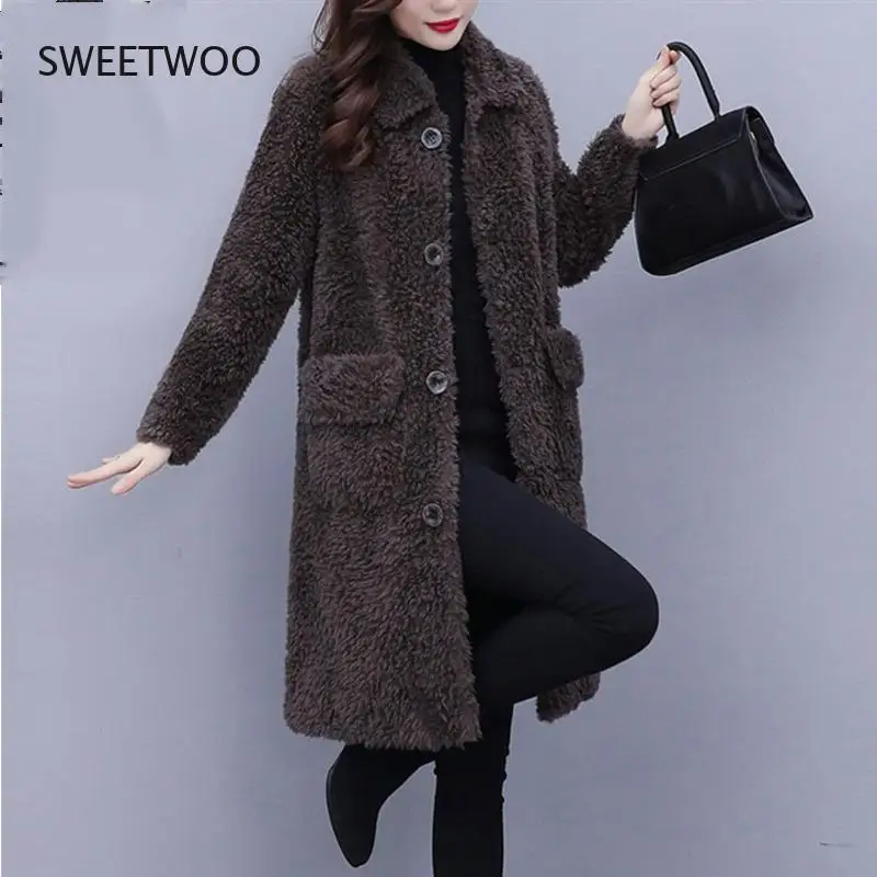 Winter Jacket Women Warm Faux Fur Lambswool Plush Coats Female Outerwear Korean Fashion Ladies Cardigans Long Sleeve Clothing
