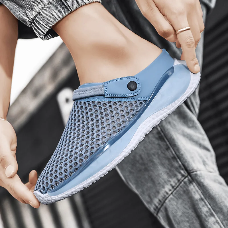 Men Summer Sandals Mesh Mules Breathable Beach Flip Flops Shoes Solid Flat Slippers Outdoor Mens Slippers