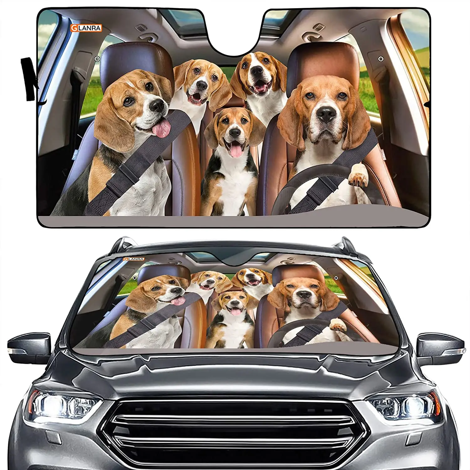 

Funny Family Beagle Dog Driving Front Windshield Sun Shade, Pet Owners Windshield Sun Shade Foldable UV Ray Sun Visor Protector