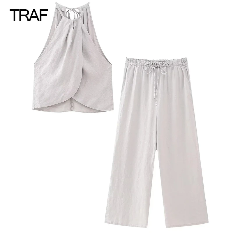 

TRAF Linen Wide Leg Pants Women Summer 2023 Elastic Waist Lace-Up Baggy Pantalona Female Wide Trousers Elegant Korean Harem Pant