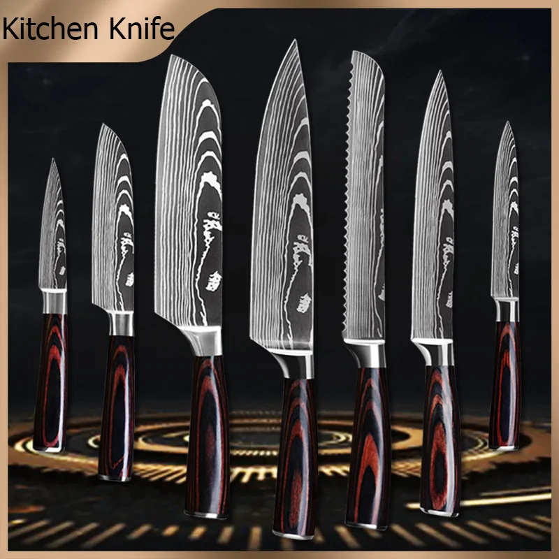 

Кухонные ножи 1-10 шт., универсальный шеф-нож сантоку из нержавеющей стали 440C, с лазерным узором в дамасском стиле