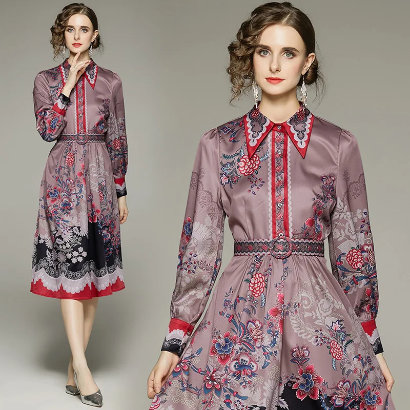 

European and American fashion and versatile vintage print dress with a belt MAB8682073