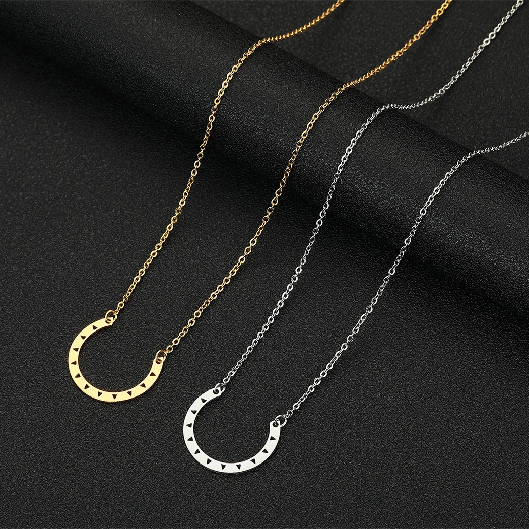 

Semicircle Horseshoe Stainless Steel Hollow Out Triangle Pendant Necklace For Women