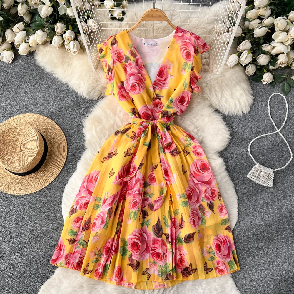

Summer New Fashion Women Printed Chiffon Dress Femininity V-neck Pleated Sexy Sweet Vestidos De Fiesta J019