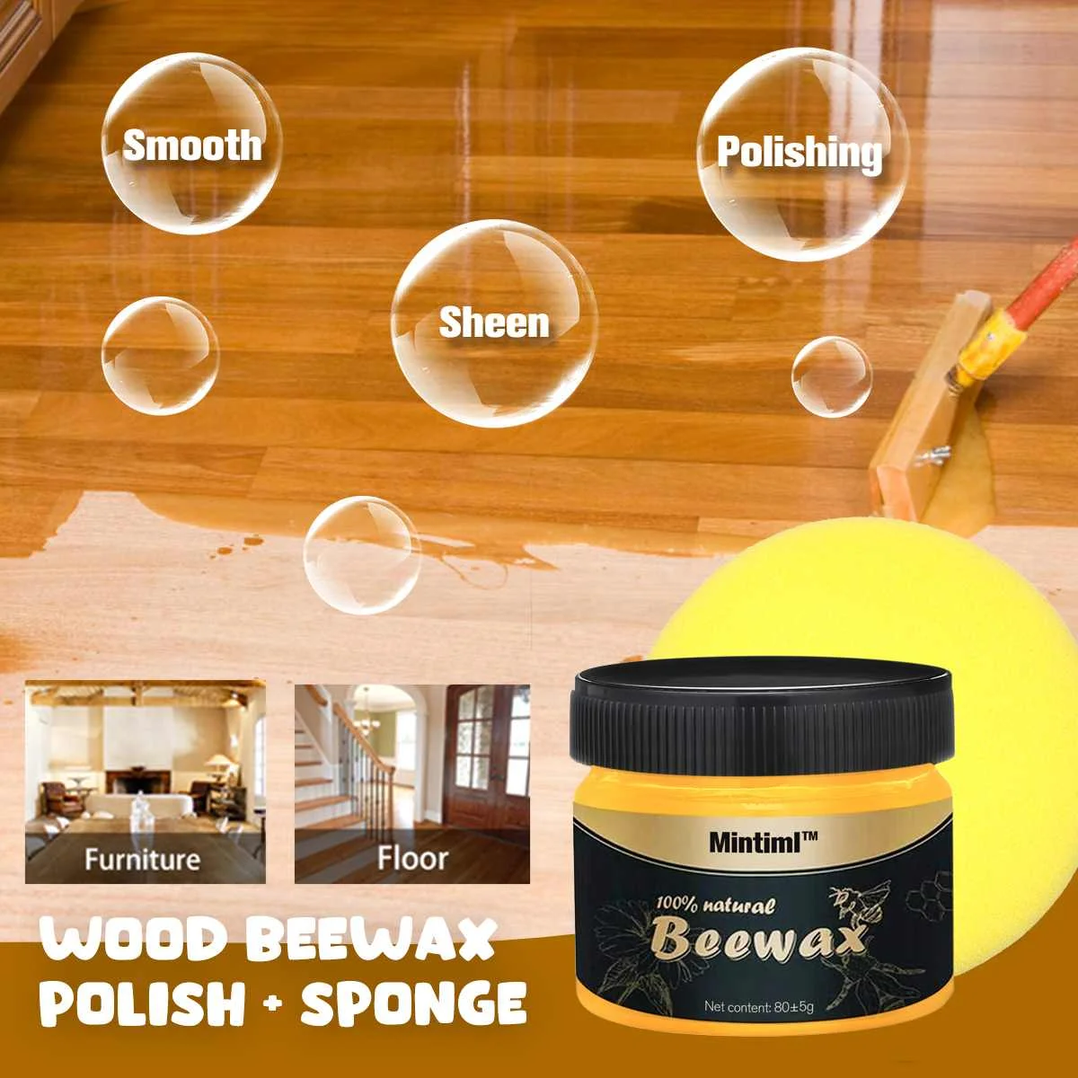 

85G Wood Care Wax Solid Wood Furniture Polishing Seasoning Beeswax Polisher Waterproof Care Maintenance Beeswax with Sponge