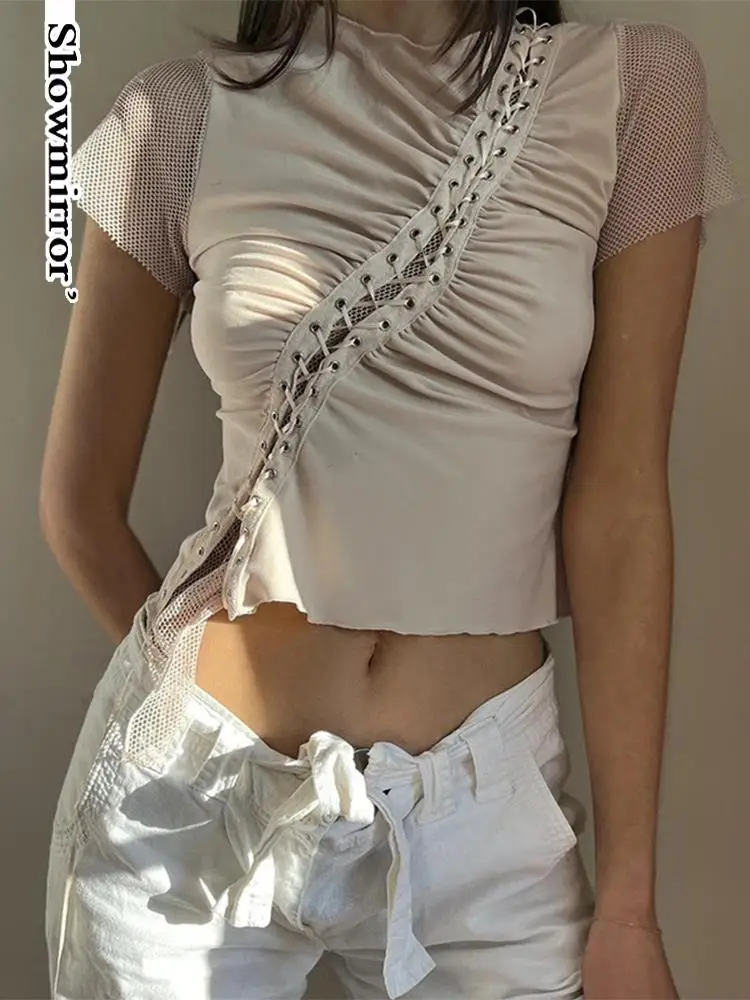 

Женский укороченный топ, стильная Лоскутная Сетчатая футболка со складками и коротким рукавом, Женская Сексуальная футболка на шнуровке, 2023