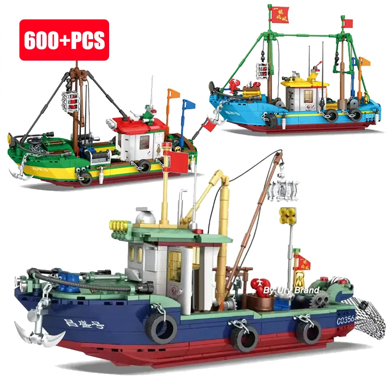 City Fishing Boat Vessel Trawlboat Building Blocks Model Pirate Ship Sea Fisher Figures MOC Toys for Children Kids Birthday Gift