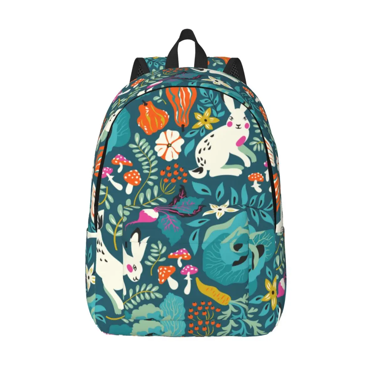 

Funny White Rabbits Flowers Fly-agaric And Vegetables Backpack Unisex Travel Bag Schoolbag Bookbag Mochila