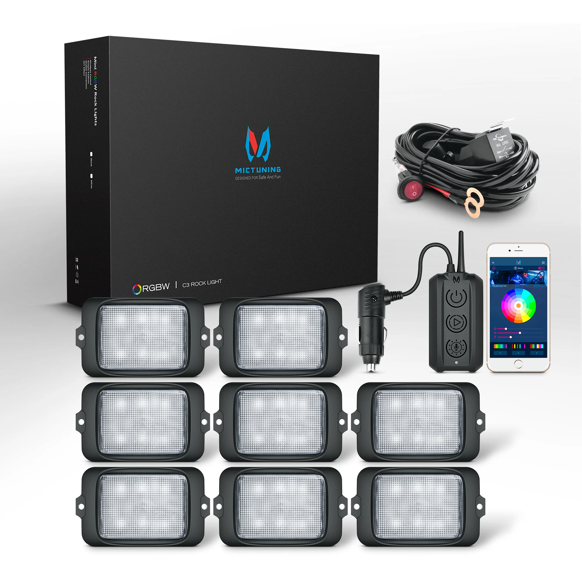 

MICTUNING 8-капельные светодиодные рок-светильники C3 RGBW с приложением Bluetooth и беспроводным блоком управления, многоцветные неоновые декоративные светильники для грузовика
