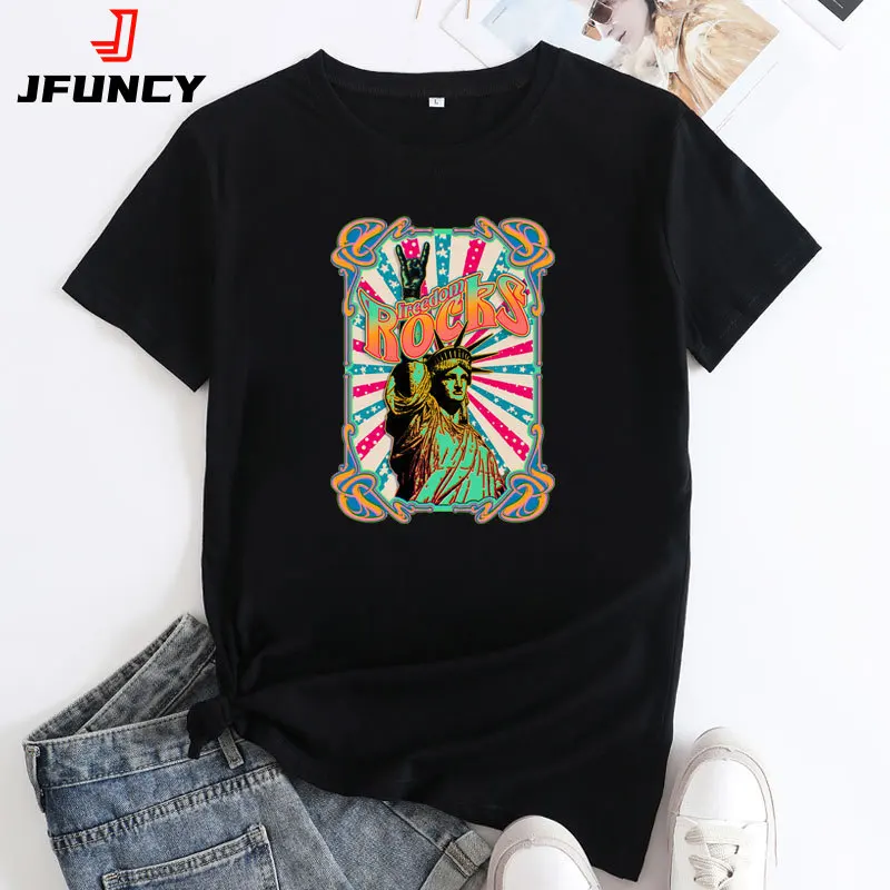 

JFUNCY Women's Graphic Tee Shirts Summer Short Sleeve Tshirt 2022 Fashion Female Casual Loose Cotton Tops Woman T-shirt