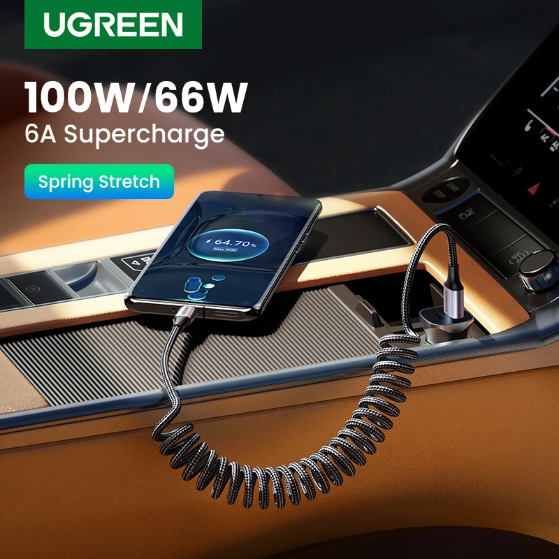 Автомобильный пружинный Выдвижной USB-кабель UGREEN типа C, быстрая зарядка данных для huawei xiaomi, быстрое зарядное устройство, USB-кабель 1,2 м 6A 100 Вт 66 Вт 40 Вт